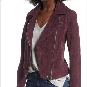 Blank NYC Suede Leather Moto Jacket Full Zip Long Slv Biker Burgundy Purple M